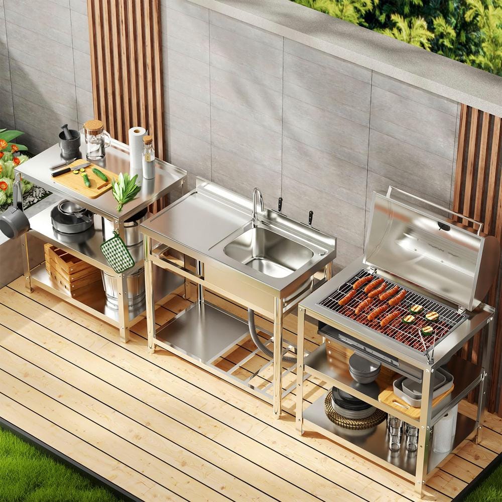 HOMEIBRO 39 in. Free Standing Commercial Restaurant Kitchen Sink, Utility Sink with Workbench and Storage Shelve