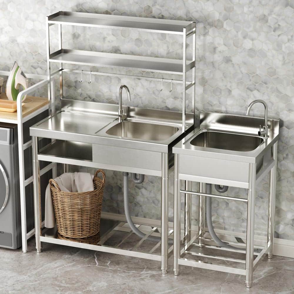 HOMEIBRO 39.4 in. Freestanding Stainless Steel Laundry Utility Sink with Right Bowl
