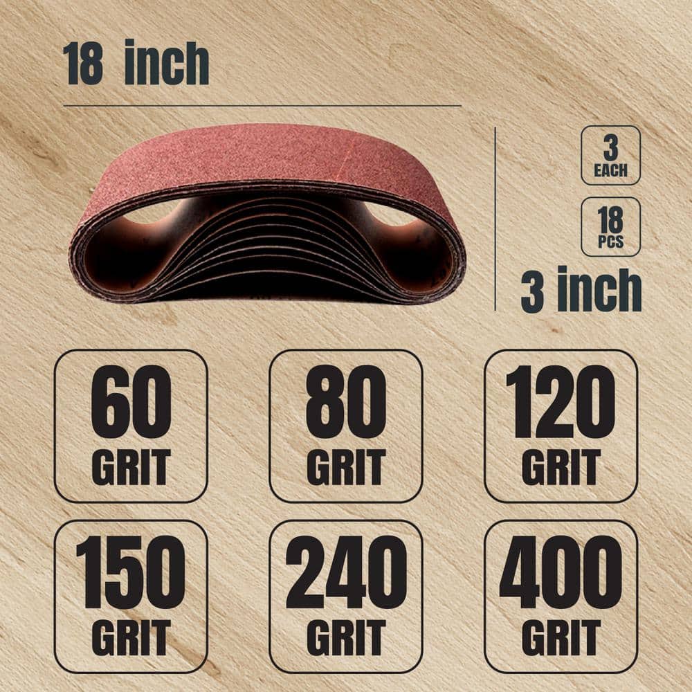 POWERTEC 3 in. x 18 in. 60/80/120/150/240/400-Grit Aluminum Oxide Sanding Belts Assortment for Portable Belt Sander (18-Pack)