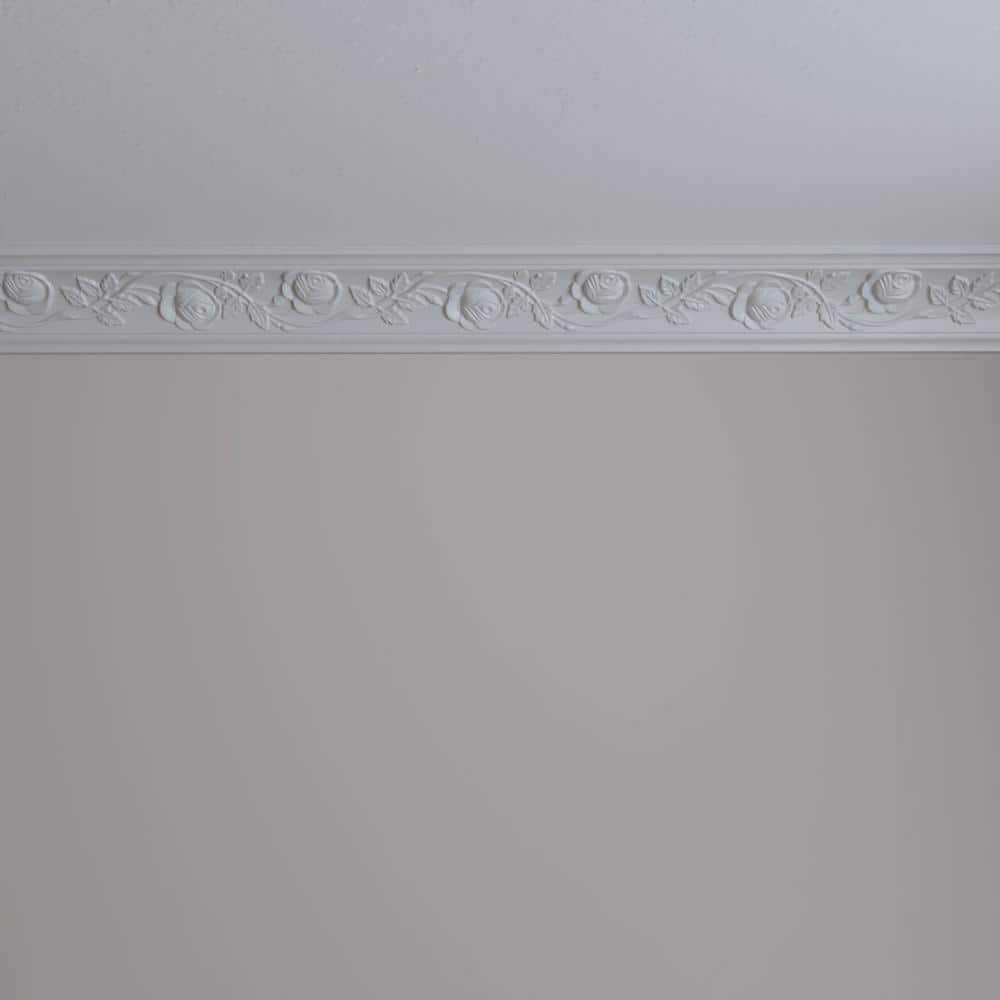 Ekena Millwork 3-3/4 in. x 3-1/4 in. x 94-1/2 in. Polyurethane Bulwark Rose Crown Moulding