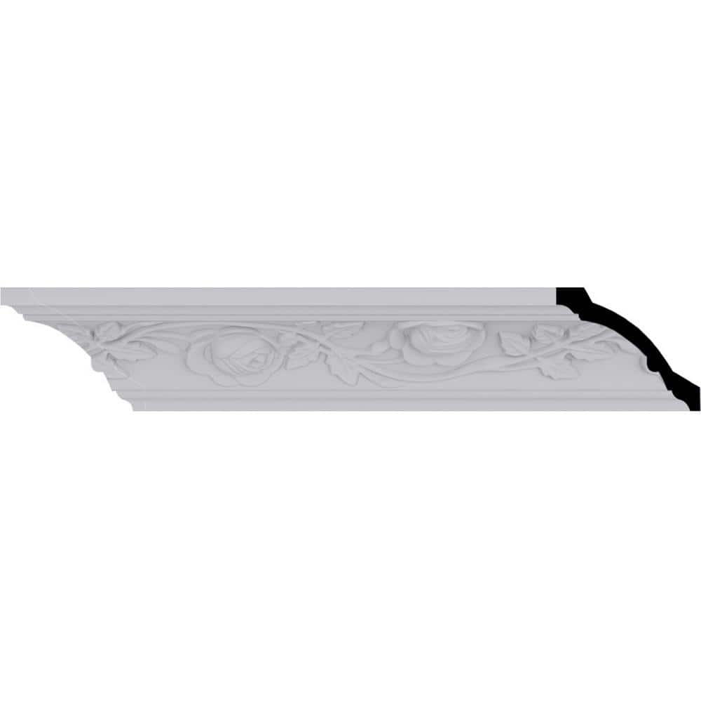 Ekena Millwork 3-3/4 in. x 3-1/4 in. x 94-1/2 in. Polyurethane Bulwark Rose Crown Moulding