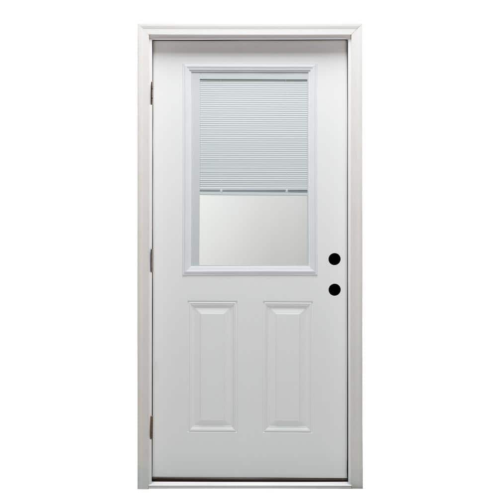 36 in. x 80 in. Internal Blinds Right-Hand Outswing 1/2-Lite Clear Primed Fiberglass Smooth Prehung Front Door