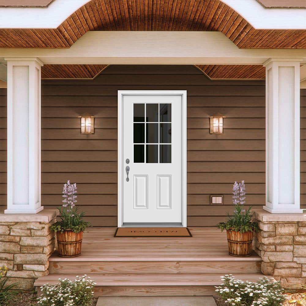 36 in. x 80 in. 9 Lite Primed Fiberglass Prehung Front Door with Brickmould