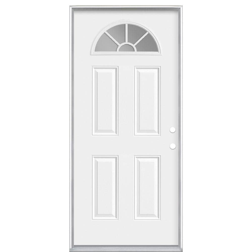 Masonite 36 in. x 80 in. Premium Fan Lite Left-Hand Inswing Primed Steel Prehung Front Exterior Door with Brickmold