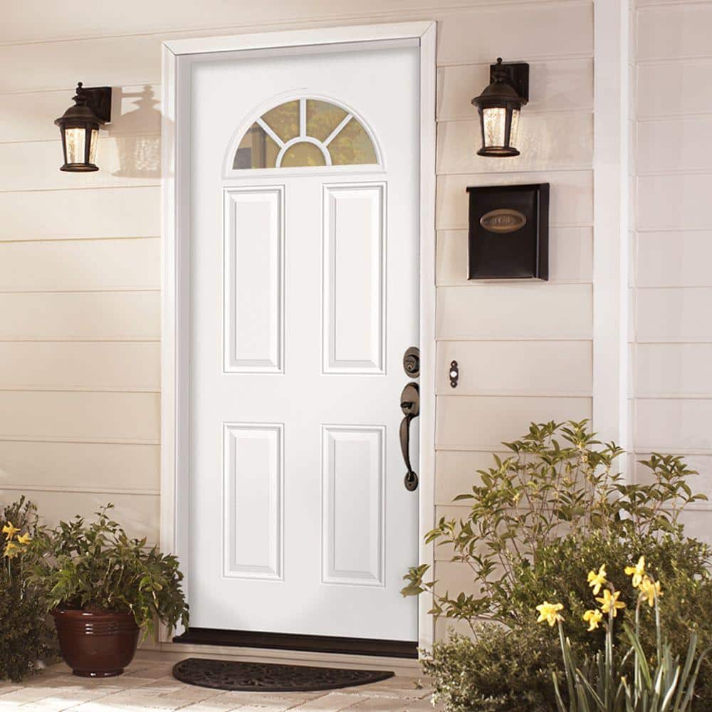 Masonite 36 in. x 80 in. Premium Fan Lite Left-Hand Inswing Primed Steel Prehung Front Exterior Door with Brickmold