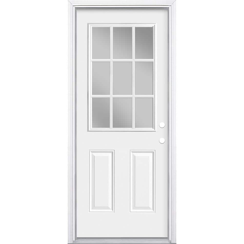 Masonite 32 in. x 80 in. Premium 9‑Lite Primed White Left‑Hand Inswing Steel Prehung Front Exterior Door with Brickmold