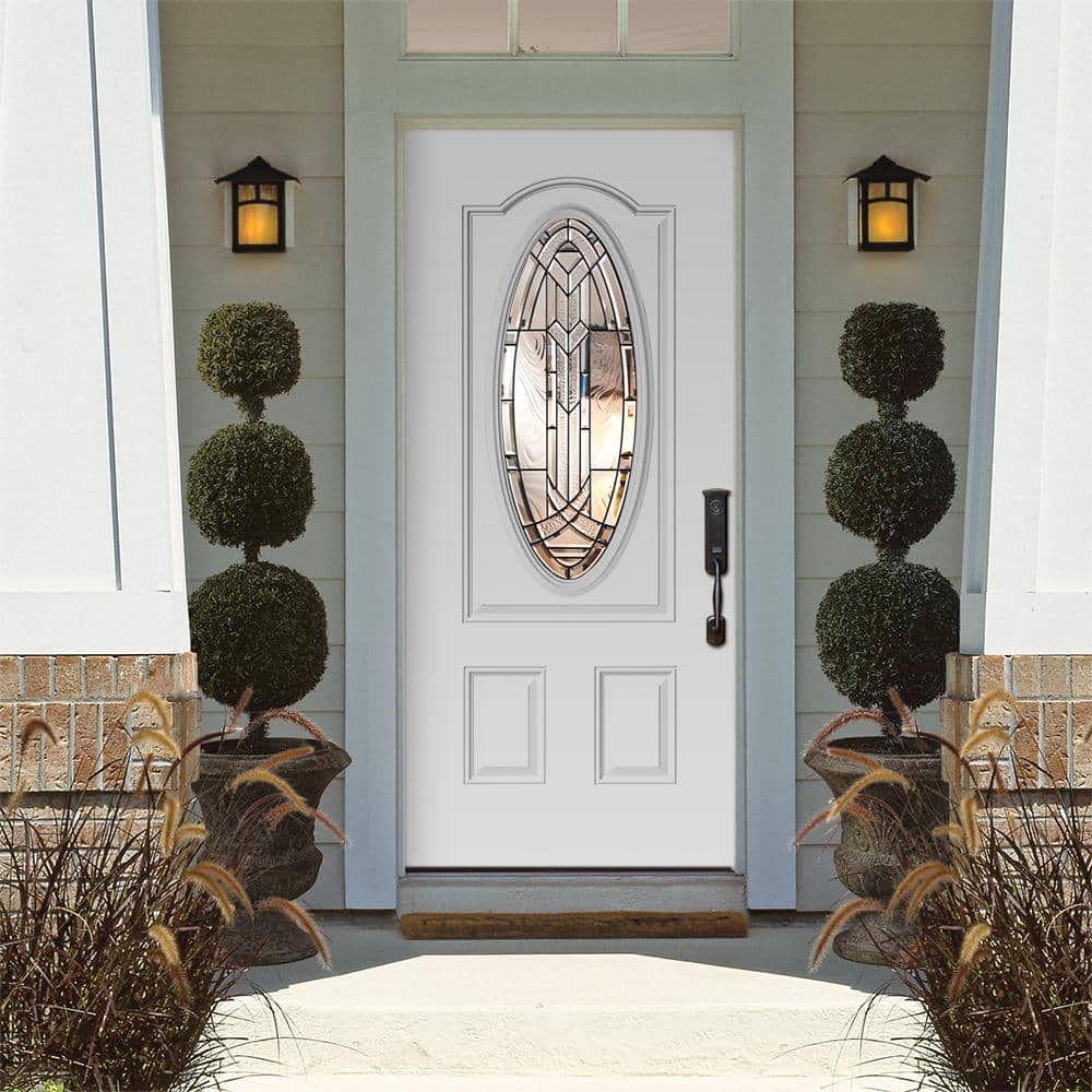 Masonite 36 in. x 80 in. Chatham 3/4 Oval-Lite Left Hand Inswing Primed Steel Prehung Front Exterior Door
