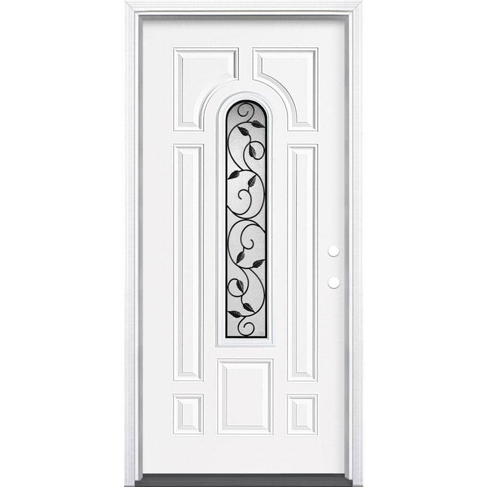 Masonite 36 in. x 80 in. Pergola Center Arch Left-Hand Inswing Primed Steel Prehung Front Exterior Door with Brickmold