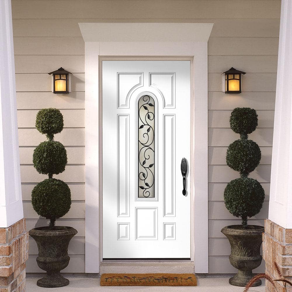 Masonite 36 in. x 80 in. Pergola Center Arch Left-Hand Inswing Primed Steel Prehung Front Exterior Door with Brickmold