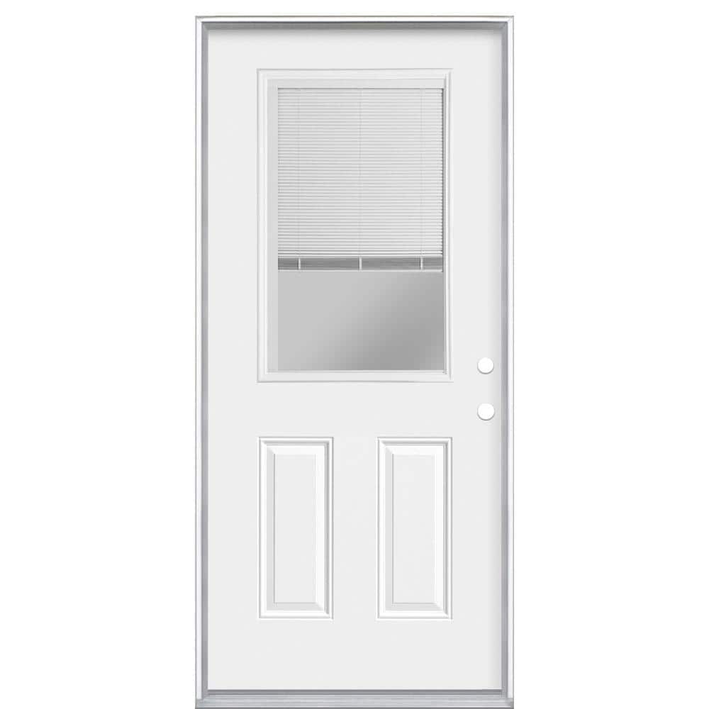 Masonite 36 in. x 80 in. Premium Clear 1/2-Lite Mini-Blind Left Hand Inswing Primed Steel Prehung Front Exterior Door