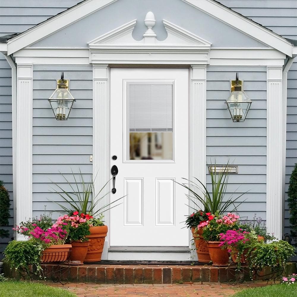 Masonite 36 in. x 80 in. Premium Clear 1/2-Lite Mini-Blind Left Hand Inswing Primed Steel Prehung Front Exterior Door