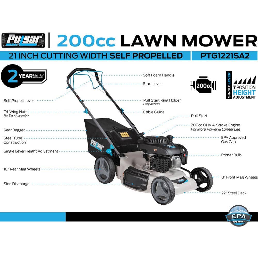 Pulsar 21 in. 200 cc Gas Recoil Start, Walk Behind Push Mower, Self-Propelled 3-in-1 with 7 Position Height Adjustment