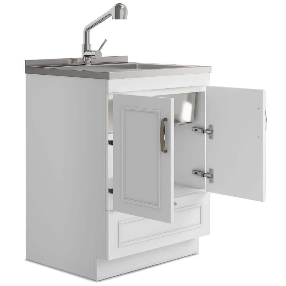 Simpli Home Cardinal 28-Inch Utility Laundry Sink with Cabinet - Pure White