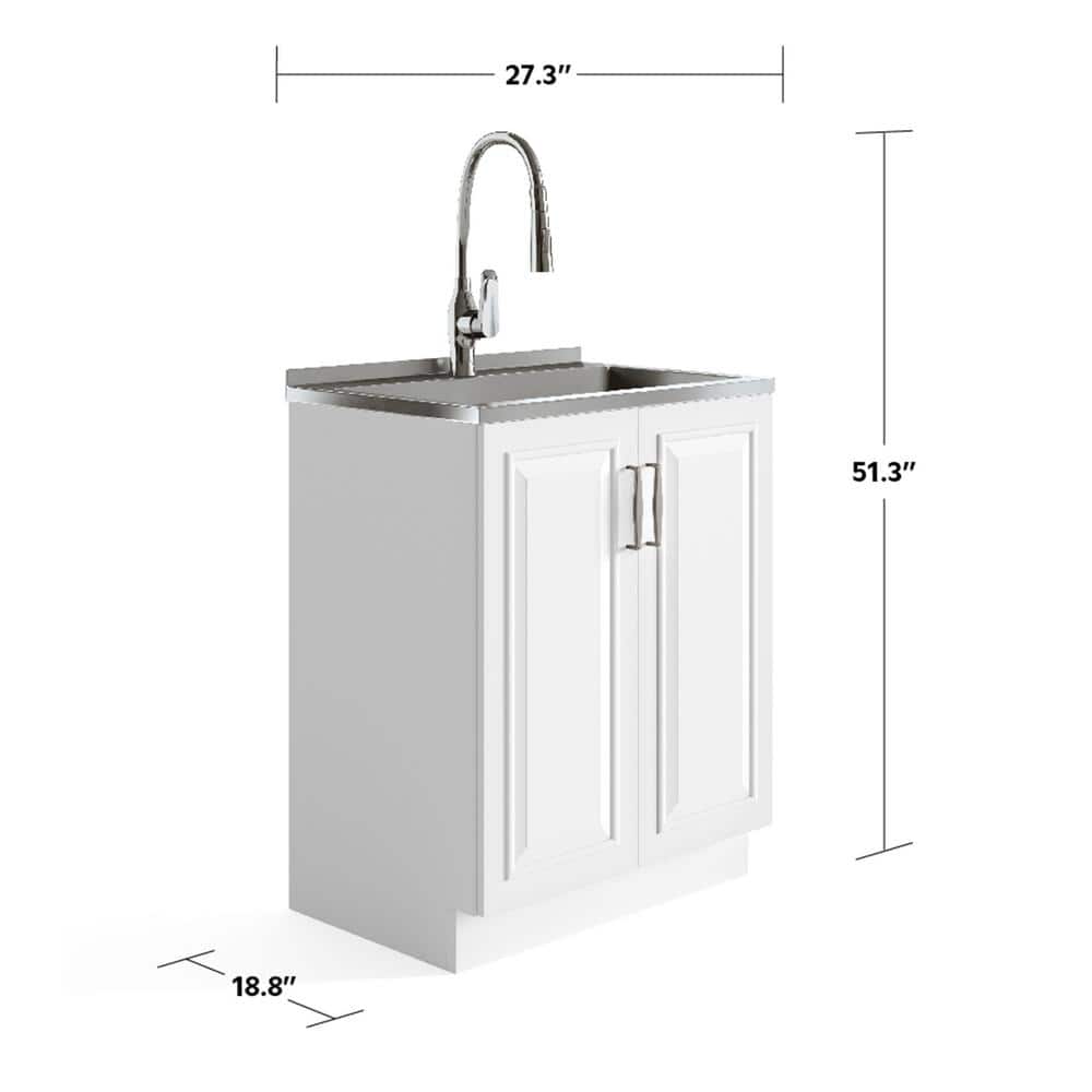 Simpli Home Darwin Contemporary 28 in. Deluxe Laundry Cabinet with Pull-out Faucet and Stainless Steel Sink in Pure White