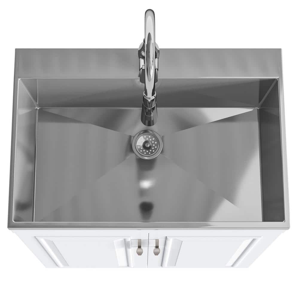 Simpli Home Darwin Contemporary 28 in. Deluxe Laundry Cabinet with Pull-out Faucet and Stainless Steel Sink in Pure White