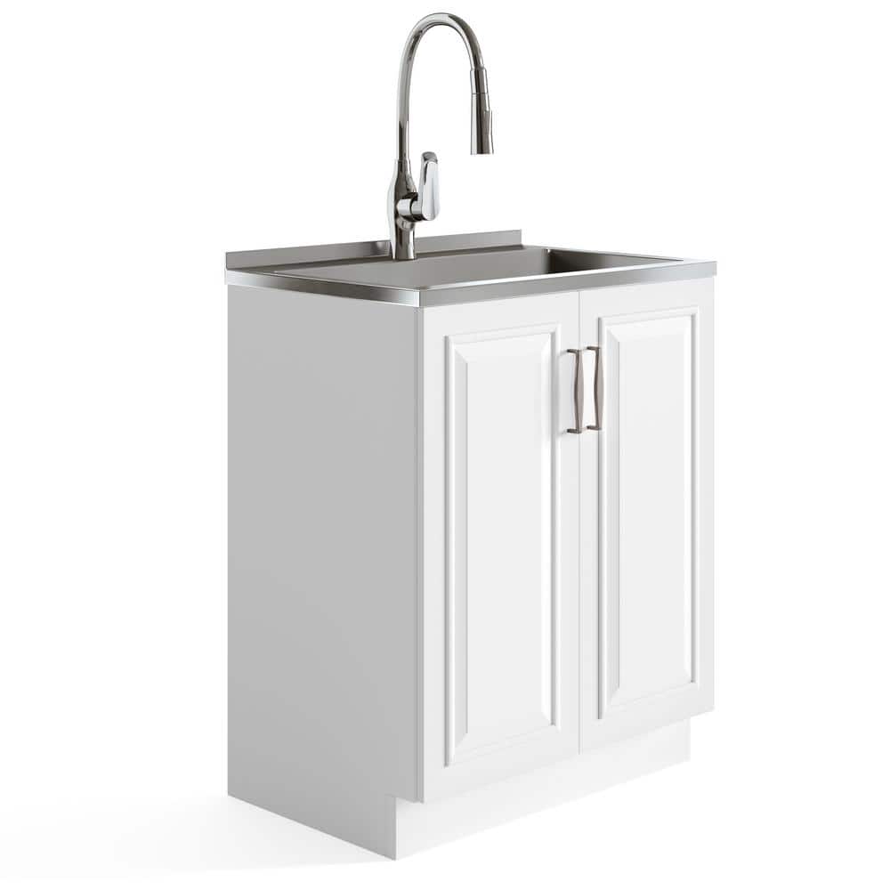 Simpli Home Darwin 28-Inch Utility Sink & Cabinet in White with Stainless Steel Sink