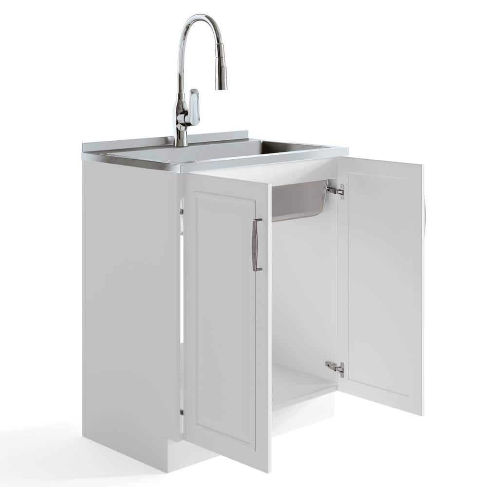 Simpli Home Darwin Contemporary 28 in. Deluxe Laundry Cabinet with Pull-out Faucet and Stainless Steel Sink in Pure White