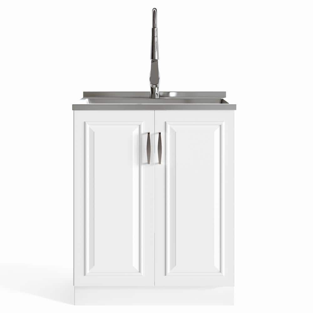 Simpli Home Darwin 28-Inch Utility Sink & Cabinet in White with Stainless Steel Sink