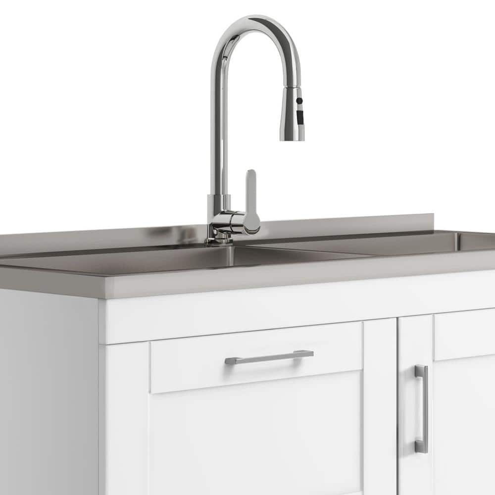 Simpli Home Modern Wide Shaker All-in-One 46-Inch Utility Laundry Sink with Cabinet, Pure White
