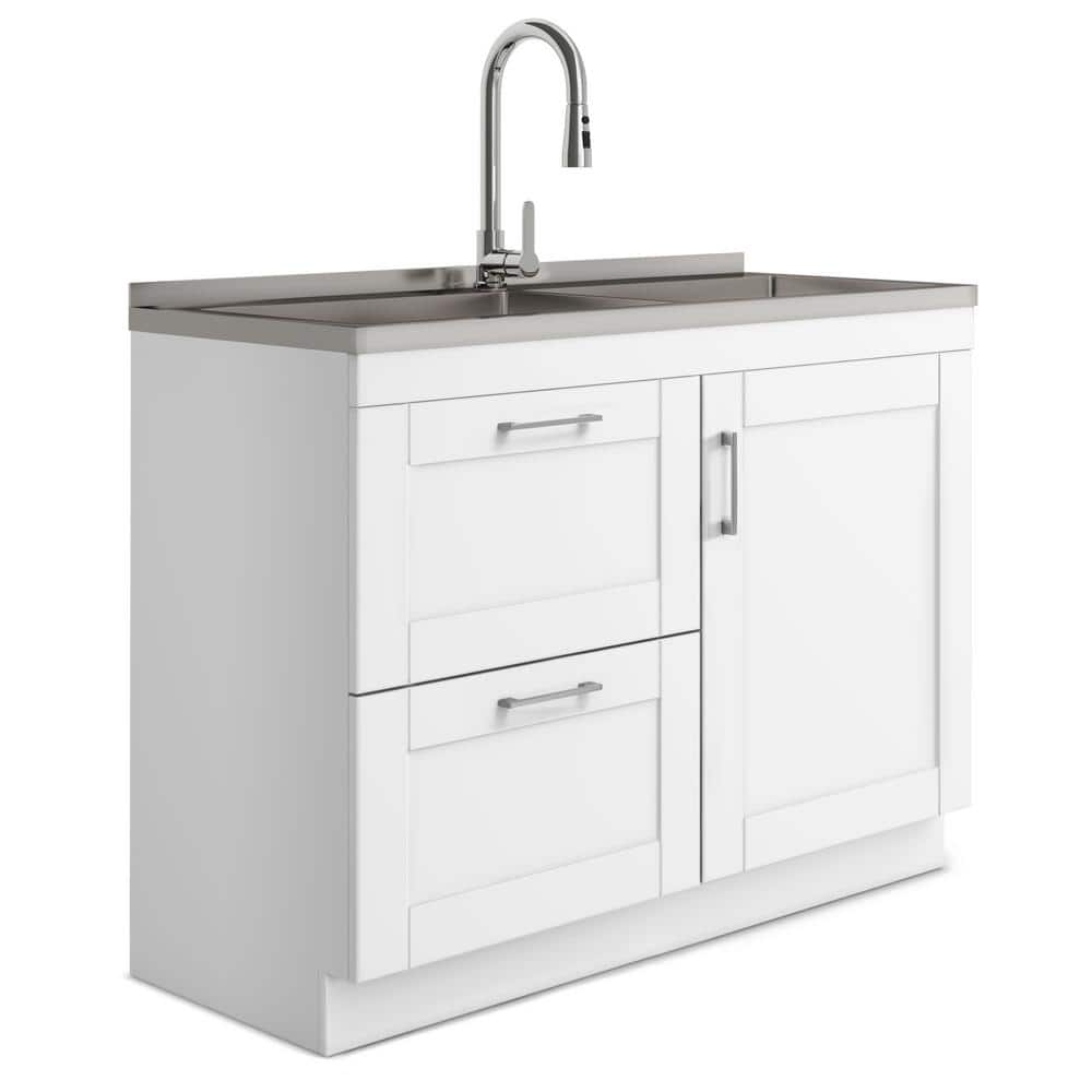 Simpli Home Modern Wide Shaker All-in-One 46-Inch Utility Laundry Sink with Cabinet, Pure White