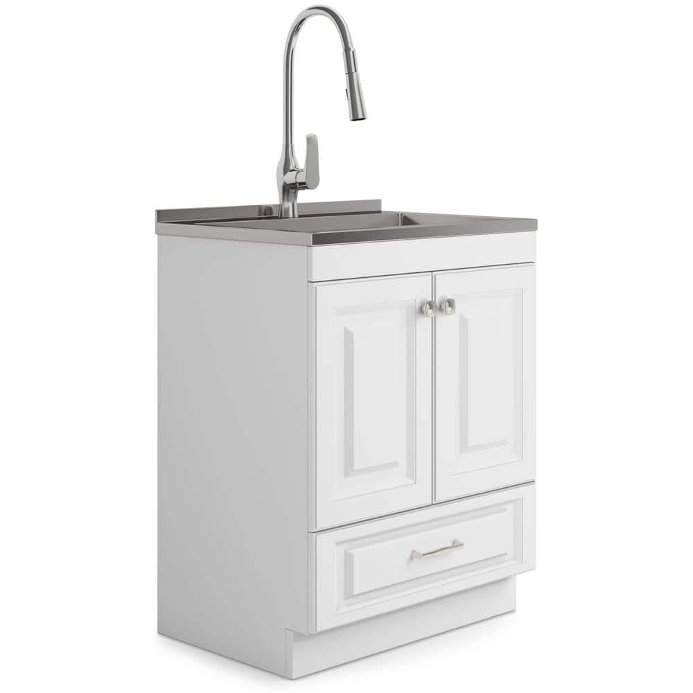 Simpli Home Lawrence All-in-One 28-inch Utility Laundry Sink Cabinet, Pure White