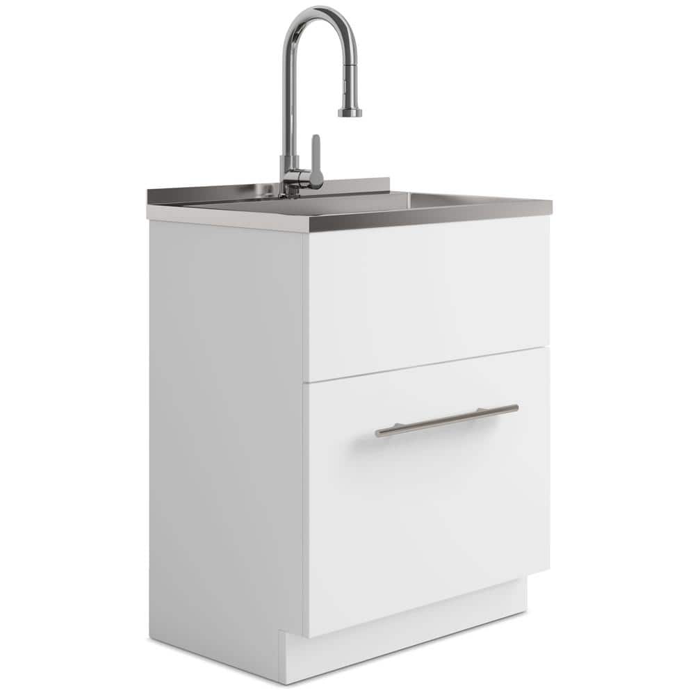Simpli Home Metro 28-Inch Utility Laundry Sink with Cabinet in Pure White