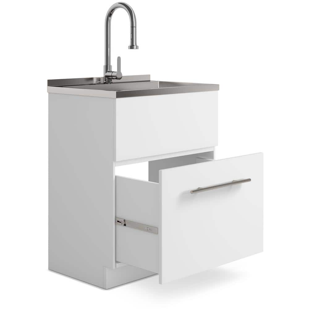 Simpli Home Metro 28-Inch Utility Laundry Sink with Cabinet in Pure White