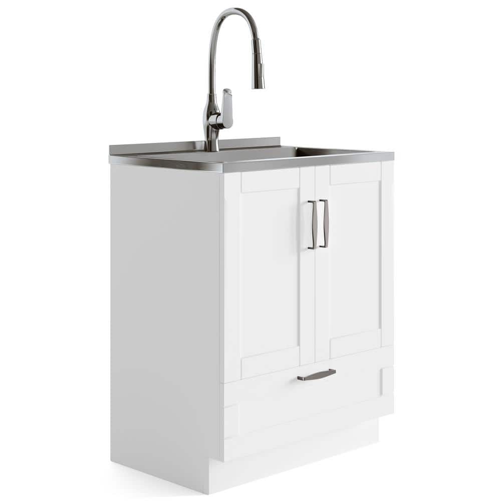 Simpli Home Reed All-in-One 28 in. Utility Laundry Sink with Cabinet in Pure White