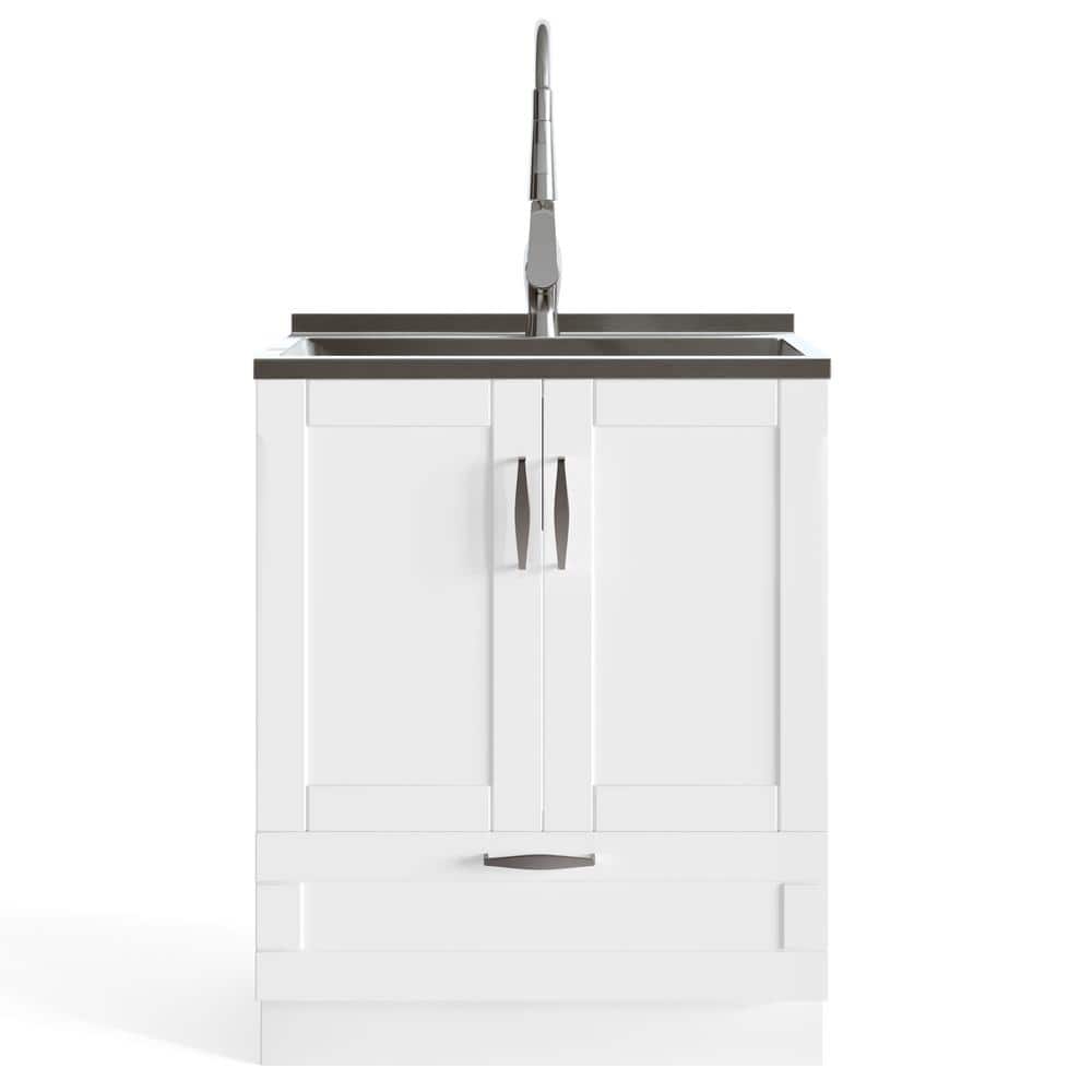 Simpli Home Reed All-in-One 28 in. Utility Laundry Sink with Cabinet in Pure White