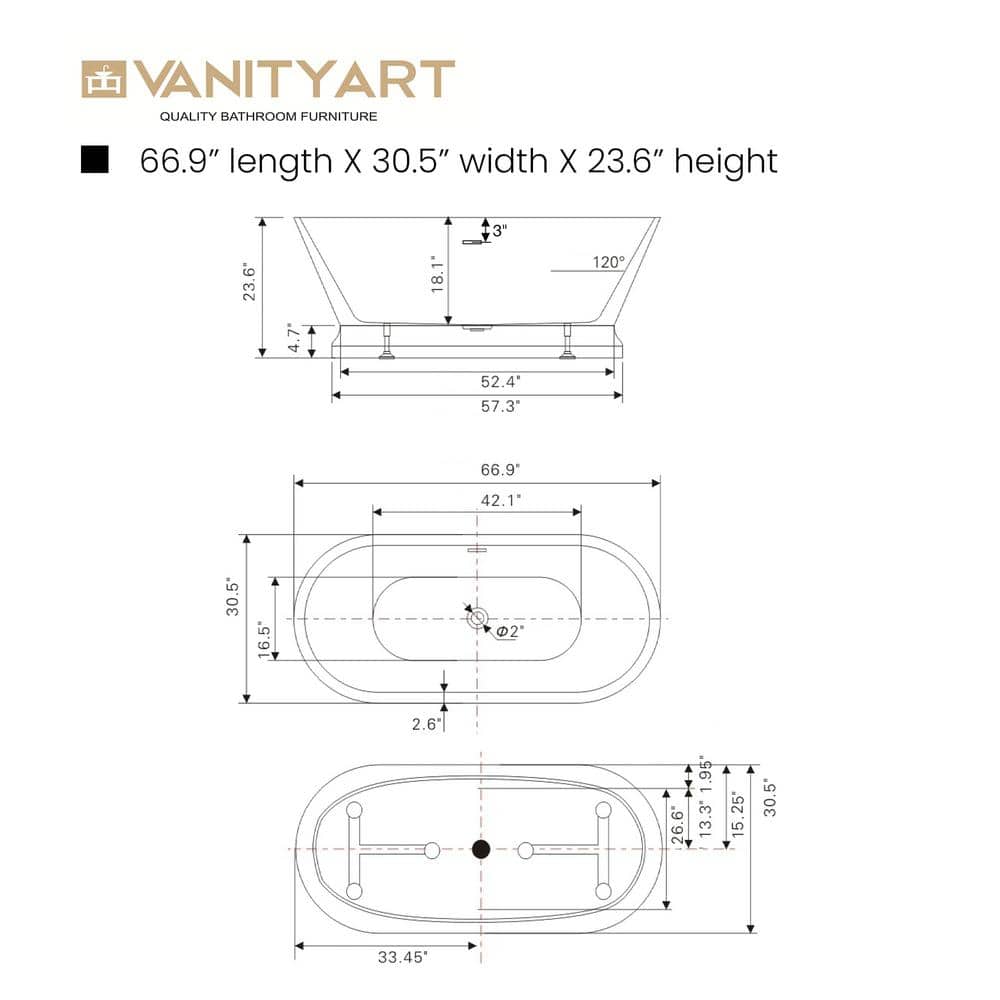 Vanity Art Versailles 67 in. x 31 in. Acrylic Freestanding Soaking Bathtub with Center Drain in Pure White