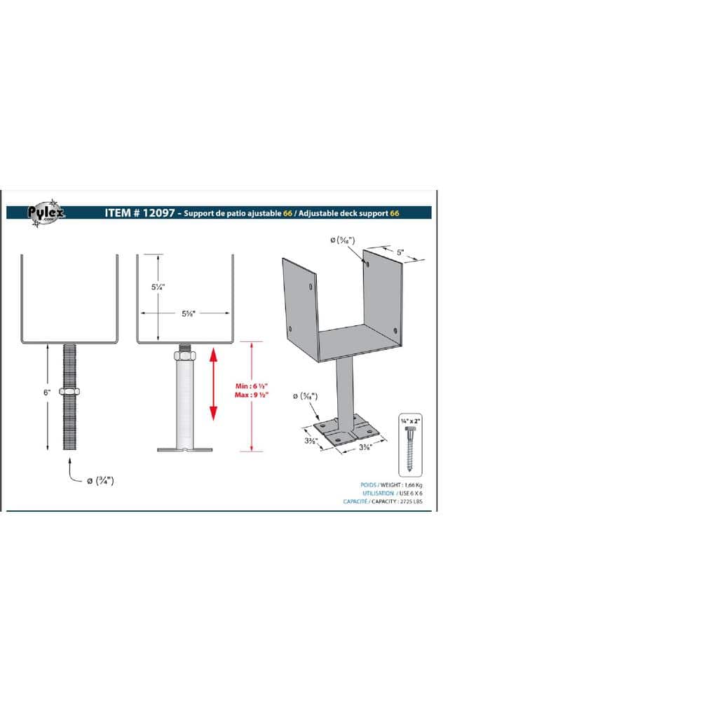 Pylex Adjustable Deck Support 6X6 (Pack of 2)