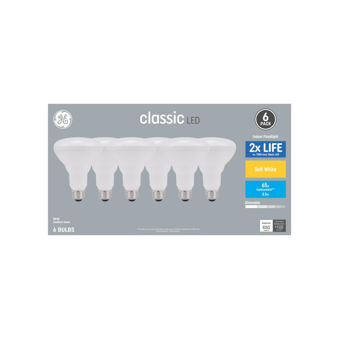 Energy Star Qualified GE Classic BR30 Soft White Dimmable LED Indoor Floodlight Bulbs, 65W Replacement (8.5W, 650 Lumens) – 6-Pack
