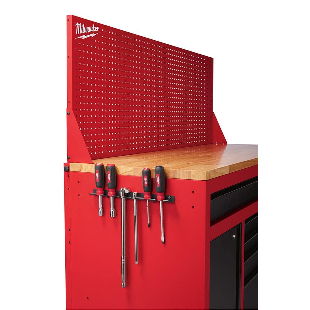 Milwaukee 61 in. Mobile Workbench, 11-Drawer/1-Door, 22 in. D with Sliding Pegboard Back Wall, Red/Black