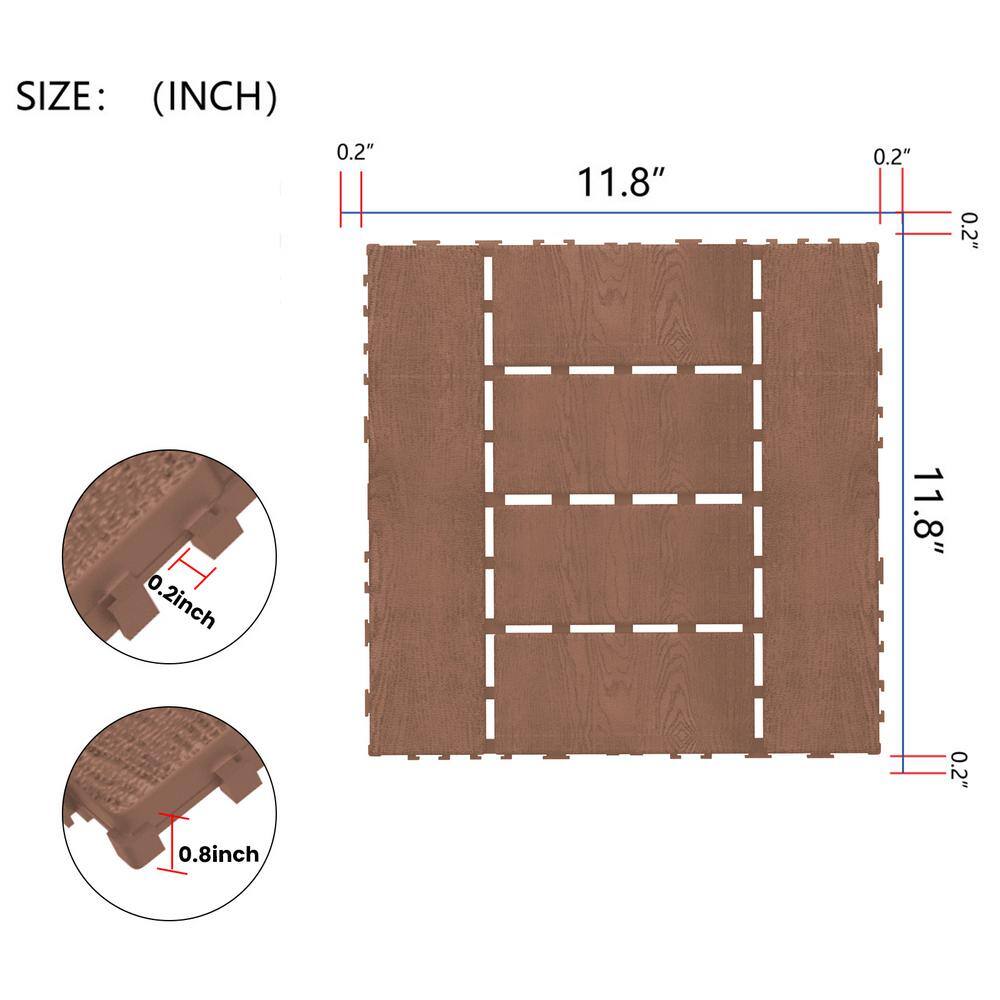 Amucolo 12 in. x 12 in. Waterproof Plastic Interlocking Deck Tiles in Brown for Poolside Balcony Backyard (Set of 44 Tiles)