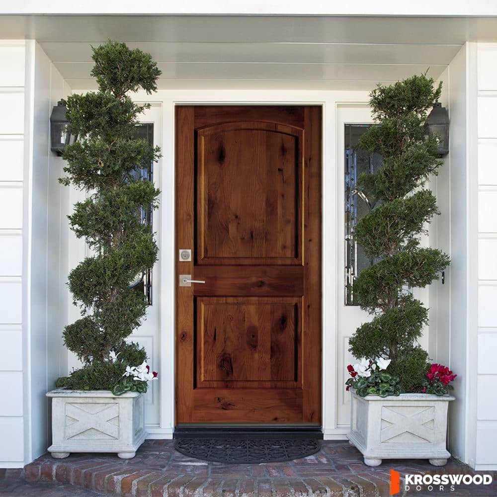 Krosswood Doors 36 in. x 80 in. Rustic Knotty Alder Arch Top Red Chestnut Stain Right-Hand Inswing Wood Single Prehung Front Door