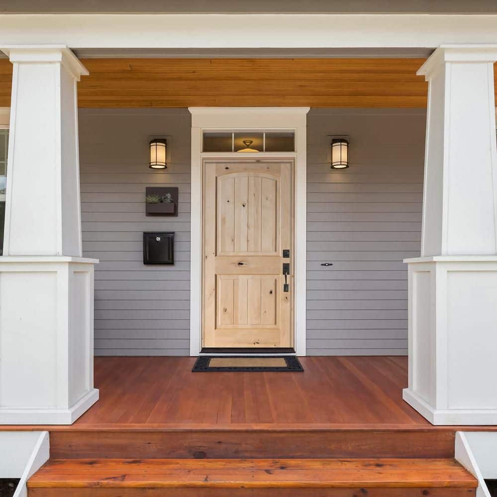 Krosswood Doors 36 in. x 80 in. Rustic Knotty Alder Arch Top Red Chestnut Stain Left-Hand Inswing Wood Single Prehung Front Door