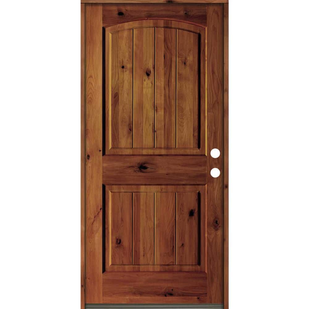 Krosswood Doors 36 in. x 80 in. Rustic Knotty Alder Arch Top Red Chestnut Stain Left-Hand Inswing Wood Single Prehung Front Door