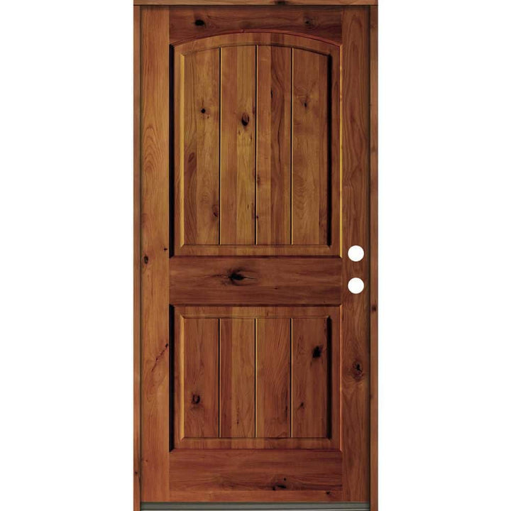 Krosswood Doors 36 in. x 80 in. Rustic Knotty Alder Arch Top Red Chestnut Stain Left-Hand Inswing Wood Single Prehung Front Door