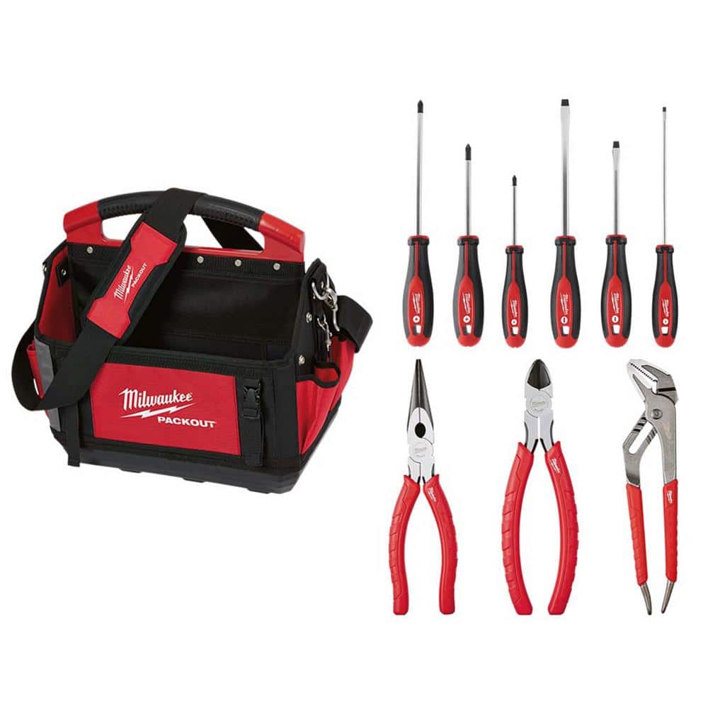 Milwaukee PACKOUT Tote & Hand Tool Set, 10-Piece – 15 in. Modular Tool Bag