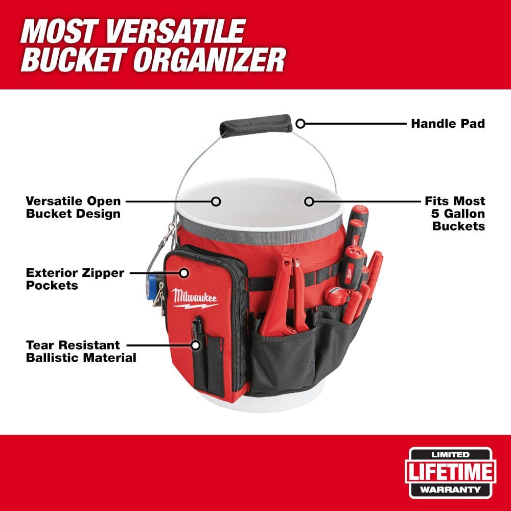Milwaukee 10 in. Bucket Organizer Tool Bag, 32 Pockets, 1680D Ballistic Nylon