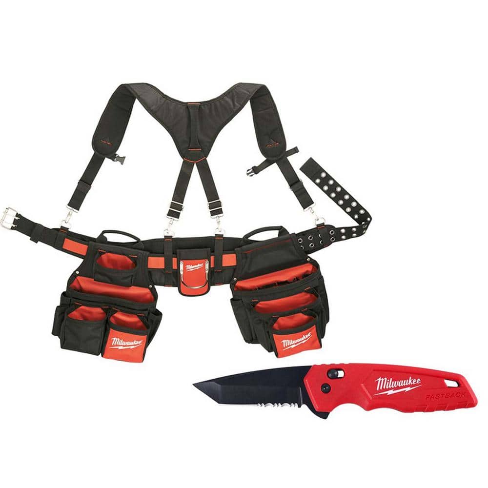 Milwaukee Contractor Work Belt with Suspension Rig and FASTBACK Spring-Assisted Knife, 24 Pockets (48-22-8120 & 48-22-1530)