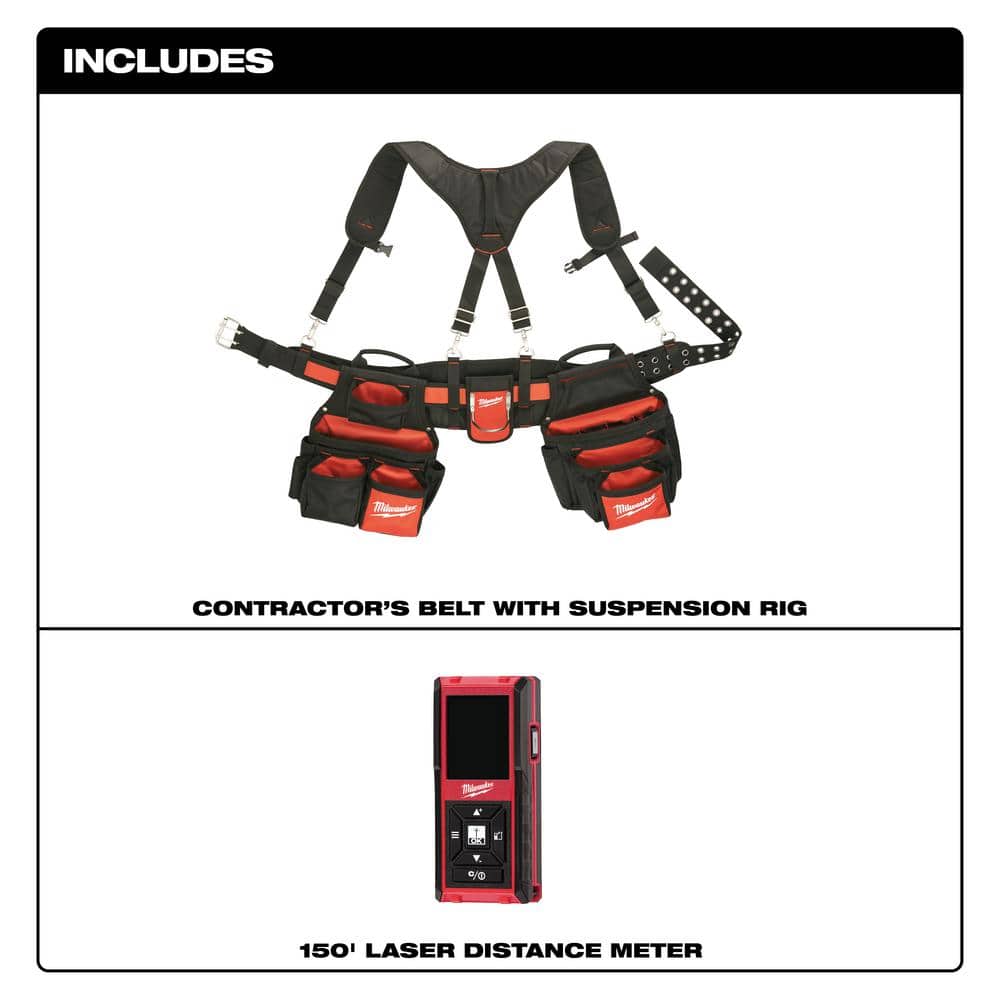 Milwaukee Contractors Work Belt with Rig + 150 ft. Laser Distance Meter, 24-Pocket, 1680D Nylon