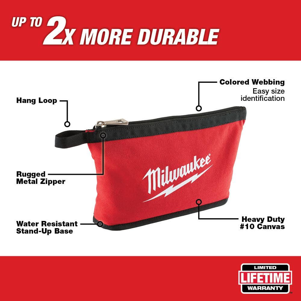 Milwaukee Red Zipper Tool Bag, 12 in. x 8 in., Heavy-Duty Canvas