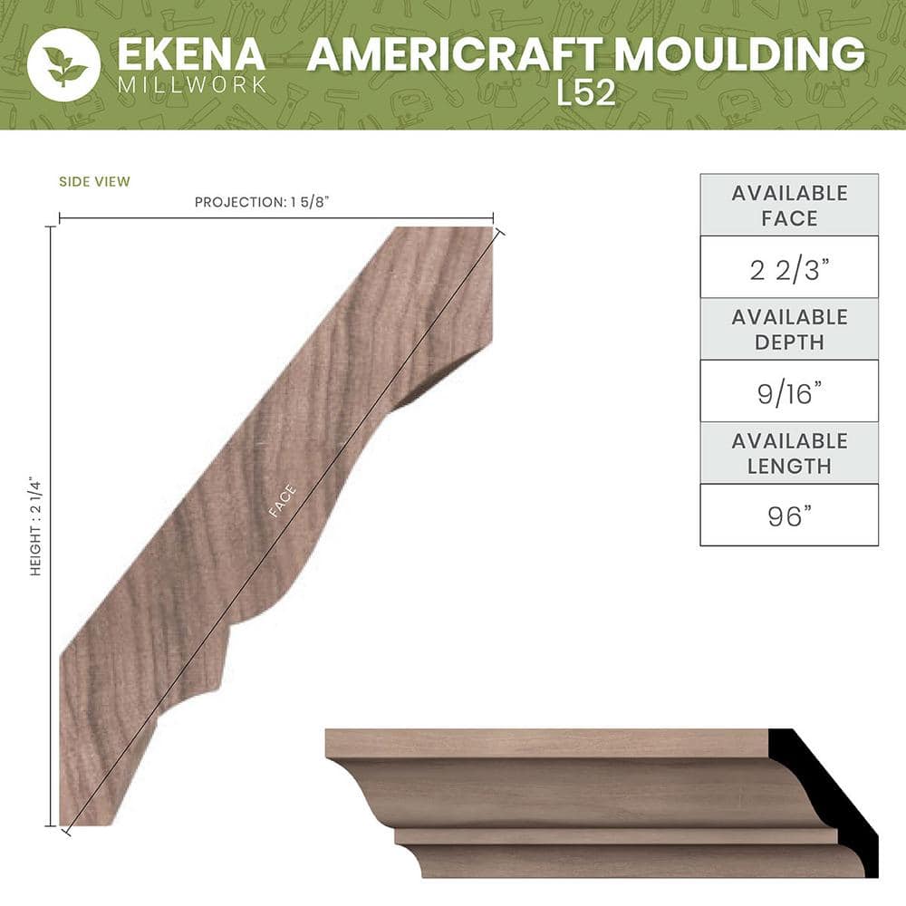 Ekena Millwork WM52 0.56 in. D x 2.75 in. W x 96 in. L Wood (Red Oak) Crown Molding