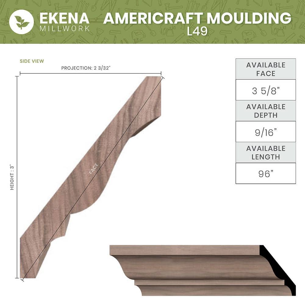 Ekena Millwork WM49 0.56 in. D x 3.63 in. W x 96 in. L Wood Red Oak Crown Moulding
