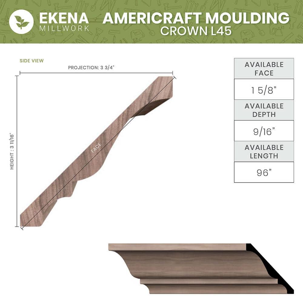 Ekena Millwork WM45 0.59 in. D x 5.25 in. W x 96 in. L Wood (Red Oak) Crown Molding