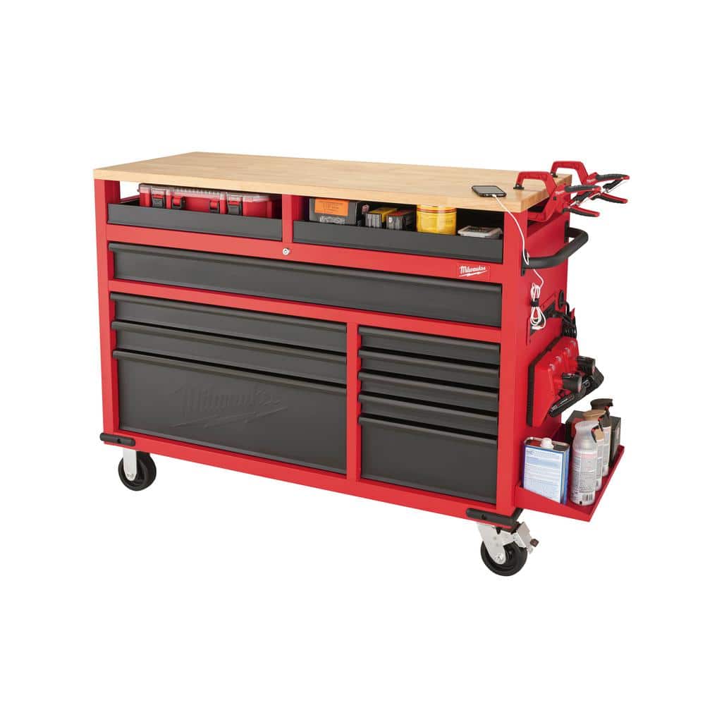 Milwaukee High-Capacity 52 in. 11-Drawer Mobile Workbench with Clamp-Ready Wood Top