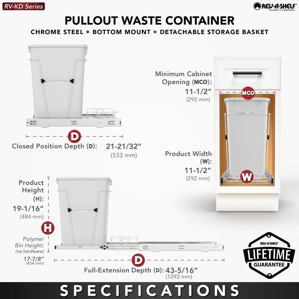 Rev-A-Shelf 35-Quart Plastic Pull-Out Trash Can, Bottom-Mount, Red, RV-12KD-16C-S