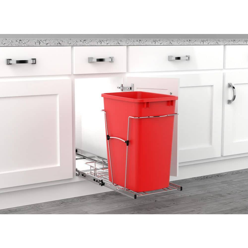 Rev-A-Shelf 35-Quart Plastic Pull-Out Trash Can with Chrome Bottom-Mount Slide, Red