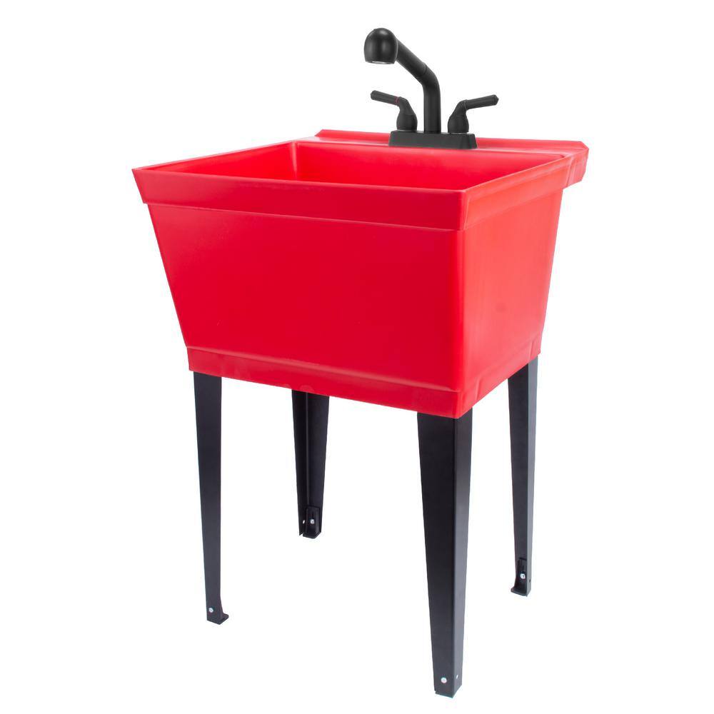 TEHILA 22.875" x 23.5" Red Thermoplastic Utility Sink Set with Black Pull-Out Faucet
